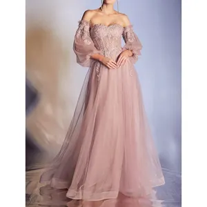 优雅的A线浅粉色长舞会礼服配袖子丝绸晚礼服2022正式派对礼服