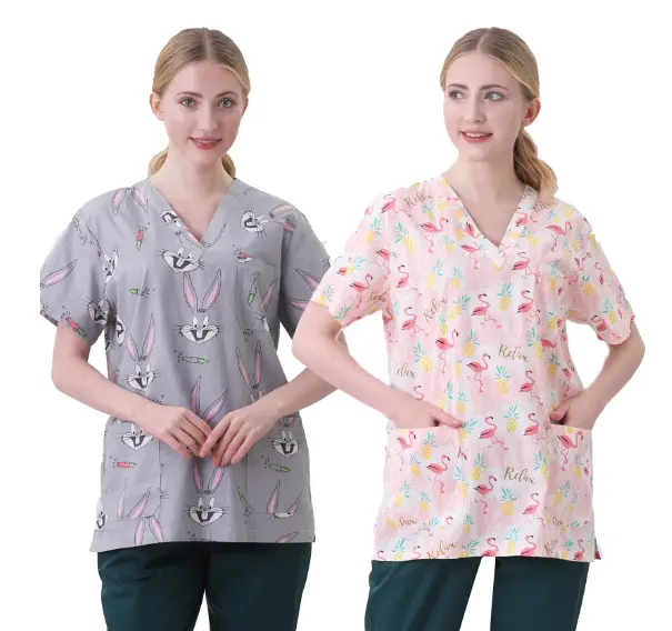 Nurse Uniforms Women Print Short Sleeve V-neck Scrubs Working Medical Blouse Overalls Uniforms Medical Nursing Spa Pet Dentistry