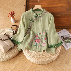 Damen Retro Literarischer Stil Dreiviertelärmel-Oberteil Frühling Sommer Ethnischer Stil Bestickter Schräg-Revers-Knopfverschluss - Product Image 5
