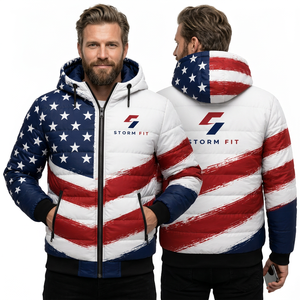 Chaqueta Acolchada con Capucha para Hombre Storm Fit, Estampado de Bandera Americana, Cortavientos, Informal de Invierno, Cierre de Cremallera, 100% Poliéster - Product Image 1