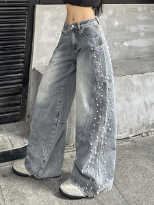 Jeans à jambes larges et droites pour femmes, ornés de diamants, pantalons de style streetwear pour femmes, vente en gros à bas prix - Product Image 1