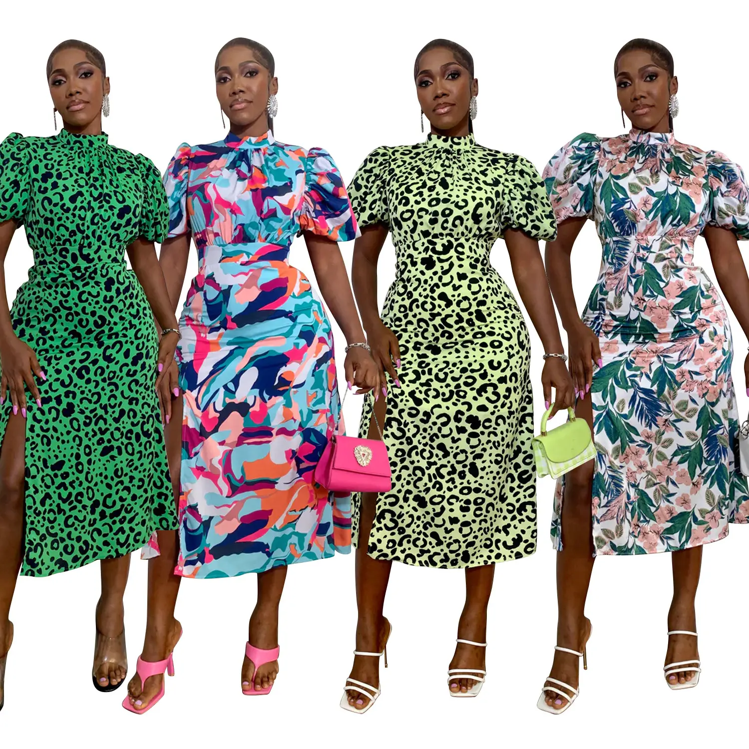 Verão africano mulheres salão desgaste roupas flor floral dot impressão tecido manga curta vestido longo casual vestido para as mulheres