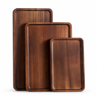 Plateau de service en bois d'acacia écologique avec poignées découpées pour café, restaurant – Ensemble de plateaux de service pour petit-déjeuner et thé
