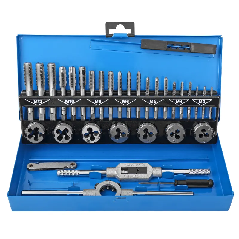 Conjunto de ferramentas para corte, rosqueamento e alças de rosca Metric M3 - M12, 32 unidades, DIY, garagem e oficina em uma caixa de metal