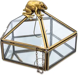 Yeni tasarım premium kalite dekorasyon ıvır zıvır altın metal takı saklama kutusu cam hediye kutusu