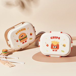Boîte à lunch PP Cartoon Food <span class=keywords><strong>Burger</strong></span> Fries, compatible micro-ondes, écologique, 1200 ml, pour enfants et travailleurs, avec fourchette, cuillère et fermeture à clip. - Product Image 5