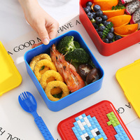 Boîte à lunch pour enfants de style blocs de construction créatifs, 2 étages, étanche, compatible micro-ondes, en PP de qualité alimentaire, avec ustensiles pour l'école