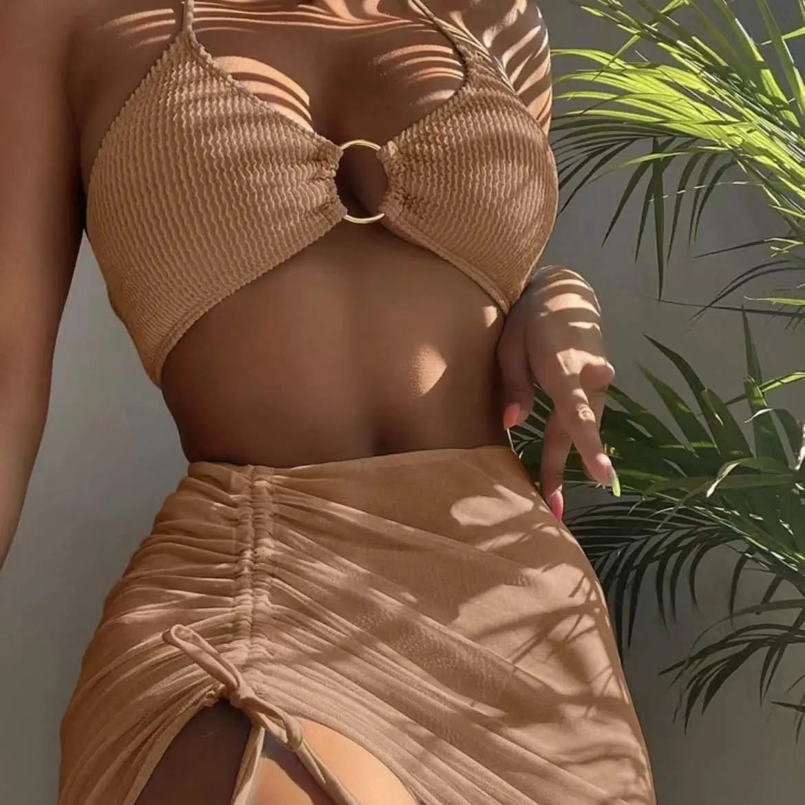 Anel texturizado Ligado Halter Bikini Micro Ribbed Bikini 2023 Maiô De Cintura Alta Com Praia 3 Peças De Malha