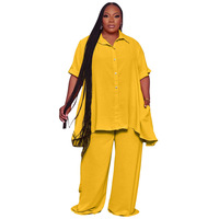 Ensemble mode uni pour femme Printemps 2026 – Haut élégant grande taille à manches courtes et pantalon large