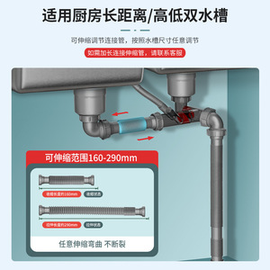 Double Sink Drain Pipe Set Stainless Steel Odor Proof Anti Clog Kitchen Sink Trap Accessories - Product Image 3
