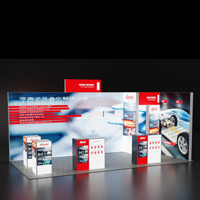 Stand d'exposition professionnel personnalisé avec éclairage LED, mur arrière étendu avec enseigne supérieure et présentoir multi-niveaux pour produits