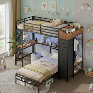 <span class=keywords><strong>Lit</strong></span> <span class=keywords><strong>superposé</strong></span> double en bois industriel SereneLounge <span class=keywords><strong>avec</strong></span> armoire de rangement en forme de L, <span class=keywords><strong>bureau</strong></span> de jeu réglable pour petit espace d'appartement - Product Image 5