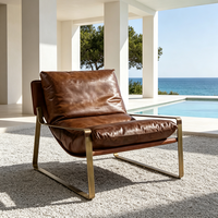 Fauteuil de salon rétro vintage en cuir véritable, luxueux et confortable, avec structure en métal, couleur beige, fauteuil d'appoint paresseux pour hôtel