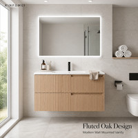 XINFUMEI Meuble-lavabo mural en chêne cannelé avec miroir LED, lavabo en surface solide et robinet noir mat – Vente chaude pour hôtels et grossistes