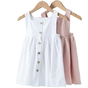 Summer girls dresses solid color casual outerwear pleated sleeveless cotton princess dresses for kids