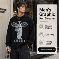 Pull en tricot bouclé noir personnalisé pour homme, motif jacquard « Victory Goddess », coupe oversize, col rond, style streetwear