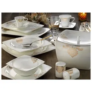 Groothandel Hoge Kwaliteit Fijne Vierkante Vorm Bone China Diner Set Fijn Porselein Keramische Servies Bruiloft Servies Platen Set