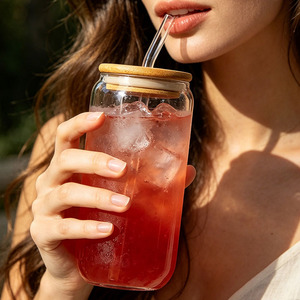 <span class=keywords><strong>Vasos</strong></span> Transparentes <span class=keywords><strong>de</strong></span> Vidrio Borosilicato Resistentes al Calor y al Frío, en Forma <span class=keywords><strong>de</strong></span> Lata, con Tapas <span class=keywords><strong>de</strong></span> Bambú y Pajitas - Product Image 5