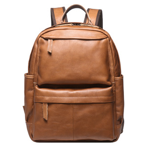 Men's Genuine Leather <b>Backpack</b> <b>Brown</b> Solid Color Large Capacity 20L And Below Leisure Travel Laptop Bag - Product Image 5