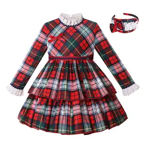 Groothandel Pettigirl 2024 New Eid Kids Rode Plaid Pageant Jurken Voor Kinderen Meisjes Vintage Kleding Maat 234567810 12y & Haarband