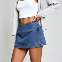 Jupe-short en jean sans ceinture pour femme, taille basse, mini-jupe trapèze avec short intégré, tenue de voyage et de sortie