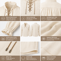 Kemeja Abad Pertengahan Pria dengan Tali di Leher V, Lengan Panjang, Kostum Bajak Laut Renaisans, Tampilan Linen, Tunik untuk LARP, Cosplay, dan Pakaian Festival