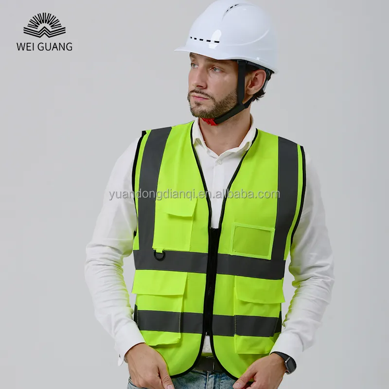 Vente en gros de gilet réfléchissant de travail de sécurité haute visibilité veste de sécurité en tissu polyester de construction LOGO personnalisé avec poches