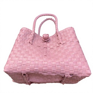 Eco Friendly Handmade Pink Woven <b>Plastic</b> Tote <b>Bag</b> Custom Summer <b>Beach</b> Shoulder Shopping Basket Handbag For Women Daily Wholesale - Product Image 5