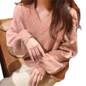 Maglione Pullover da <span class=keywords><strong>Donna</strong></span> Premium Casual con Scollo a V e Pizzo, Maniche Lunghe a Lanterna, Morbido Lavorato a Maglia, Antirughe e Traspirante per l'Inverno - Product Image 1