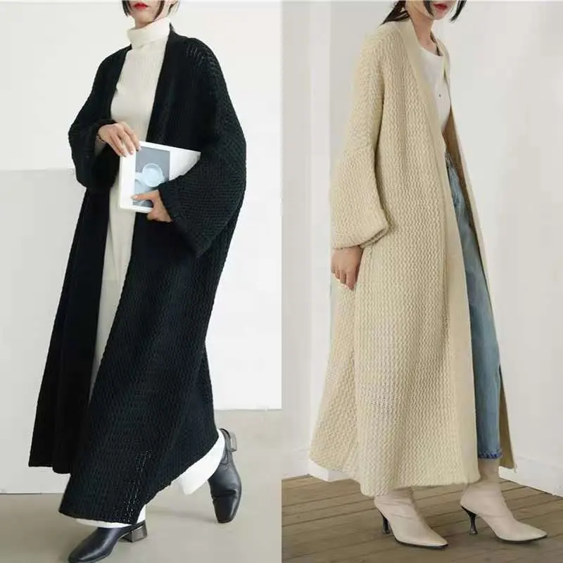 Autumn And Winter Loose Long Knitted Cardigan Lazy Wind Over The Knee Thick Line Fat Mm Large Size Sweater Coat Women Thick