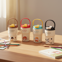 Mug à café isotherme en acier inoxydable pour enfants ZB sans BPA, 450 ml (15 oz), avec poignée, paille, couvercle double ouverture et infuseur à thé, motif dessin animé mignon