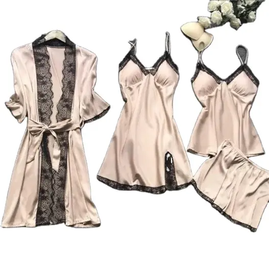 2024 spring Korean style suspender women's home wear with breast pads sexy four-piece set