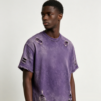 T-shirt personnalisé Kornit DTG uni violet à bords déchirés, style minimaliste pour homme, garantie de couleur OEM