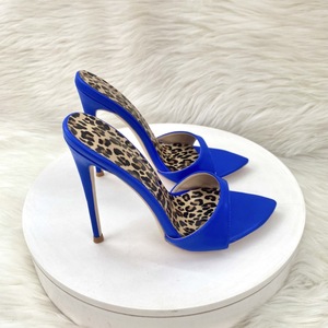 Ladies Summer Blue High <b>Heel</b> Sandals New Design Mule Shoes Pumps 12cm <b>Slippers</b> for Women Slip-On Closure <b>With</b> Leopard Sole - Product Image 2
