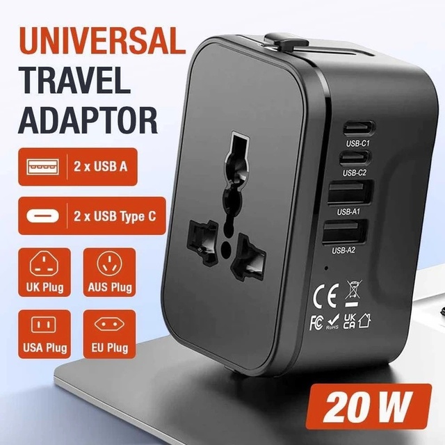 All in One Worldwide Travel Adaptor with PD20W Type-C and Quad 3A USB Ports International Power Plug AC Charger