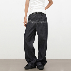 Jeans de <span class=keywords><strong>Hombre</strong></span> Lisos con Bordado de Notas Musicales Estilo Retro Americano - Pantalones de Corte Recto Holgado en Forma de A - Product Image 4
