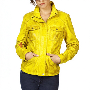 Chaqueta de invierno acolchada de piel de oveja Napa encerada en color dorado para mujer, con cremallera frontal, tela satinada y relleno de algodón. - Product Image 4