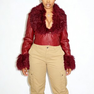 Women's Fleece-<b>Lined</b> V-Neck Snap-Front Cardigan Short-Length Waist-Defining PU Leather Top Fashion - Product Image 1