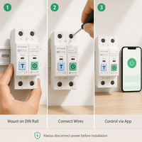 Interrupteur intelligent WiFi industriel 2P en cuivre avec compteur d'énergie MCB 63A, disjoncteur miniature, surveillance kWh, relais temporisé, montage sur rail DIN en plastique