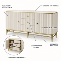 WYRAX Fashion Boutique Weißes Geriffeltes Buffet-Schrank mit Mittelschubladen Seitenschränken Breiter Vitrine und Goldfarbener Metallbasis