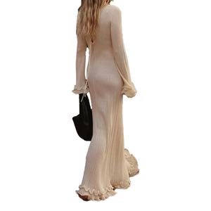 Robe longue élégante pour femme, col rond, manches longues, tricotée, taille haute, coupe ajustée, style OEM personnalisé - Product Image 3