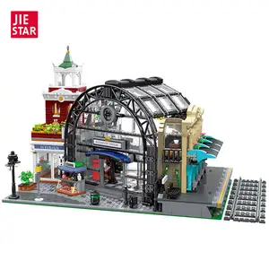 JIESTAR Toys Light Up Medieval City Train Station Railway Station Building Kit 2720 Pcs Moc Street View House Building Block Set