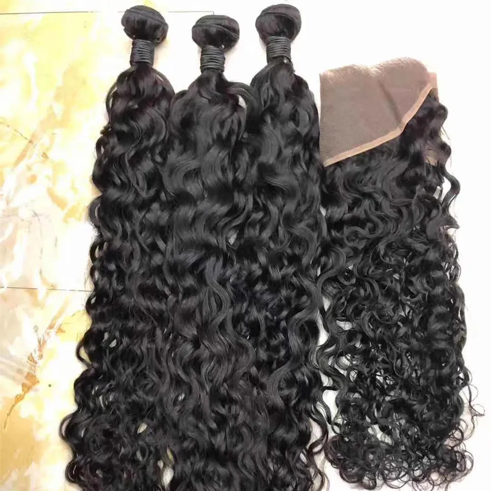 Water Wave Human Bundles Wet and Wavy Hair 4 Bundles Human Hair Unprocessed Virgin Hair Brazilian with Closure Peruvian