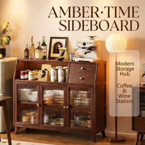 Armoire <span class=keywords><strong>de</strong></span> rangement <span class=keywords><strong>de</strong></span> salle à manger <span class=keywords><strong>de</strong></span> style mi-siècle en <span class=keywords><strong>bois</strong></span> massif <span class=keywords><strong>de</strong></span> luxe avec portes en verre cannelé et tiroirs, écologique et peu encombrante pour la maison - Product Image 2