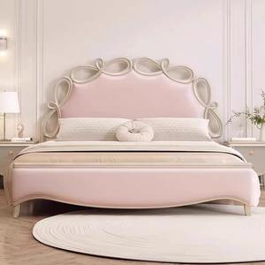 Cama de princesa de cuero genuino con lazo <span class=keywords><strong>rosa</strong></span> americano crema francesa de 1,8 m cama doble de madera maciza de lujo ligera para segunda cama suave - Product Image 6