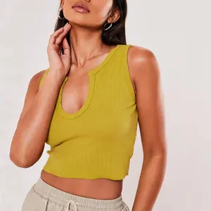Benutzer definierte Frauen Kerbe Ausschnitt Sommer Ernte T-Shirt Damen schlichte gelbe Baumwolle Jersey ärmellose gerippte Tank Top