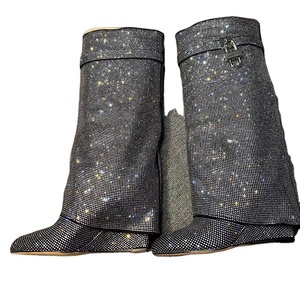<span class=keywords><strong>Stivali</strong></span> di Lusso Completamente Decorati con Diamanti, Morbidi e Lucidi, Slip-on con Tacco a <span class=keywords><strong>Zeppa</strong></span>, Scarpe da Donna con Chiusura Metallica, <span class=keywords><strong>Stivali</strong></span> Alti fino al Ginocchio - Product Image 2