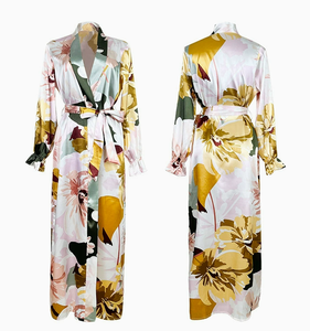 Bata de manga larga con cuello en V para mujer, camisón de satén de seda, estampado Floral Vintage con cinturón, camisones Sexy P Jamas - Product Image 3