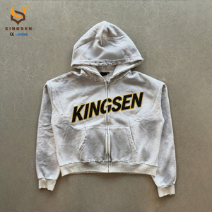 เสื้อฮู้ดซิปผ้าฝ้ายหนา 100% ล้างสีแบบแอซิดวอช สไตล์วินเทจ สตรีทแวร์ ทรงบ็อกซี่ แต่งลายปักเชนิลล์แบบดิสเทรส สำหรับผู้ชาย สไตล์เรโทร Y2K - Product Image 1
