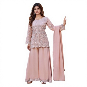 Ensemble Kurta brodé pêche avec pantalon Palazzo et Dupatta – Tenue traditionnelle indienne et pakistanaise ample pour femme, idéale pour les fêtes - Product Image 1